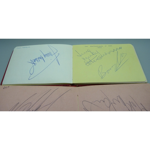 824 - An autograph album, includes Tommy Cooper, Yootha Joyce, Joe Brown, Val Doonican, etc., two other al... 