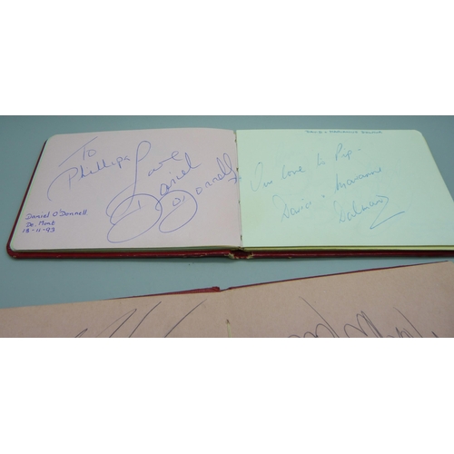 824 - An autograph album, includes Tommy Cooper, Yootha Joyce, Joe Brown, Val Doonican, etc., two other al... 