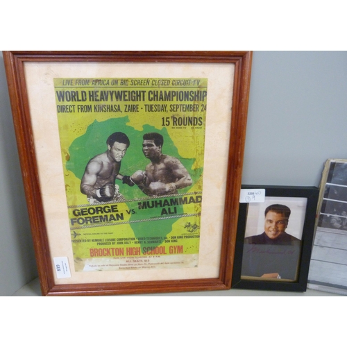 839 - Boxing interest; a signed Muhammed Ali photograph, Sir Henry Cooper and a framed replica 'Rumble in ... 