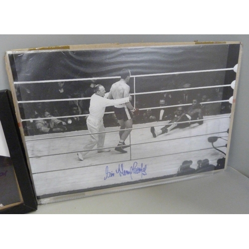 839 - Boxing interest; a signed Muhammed Ali photograph, Sir Henry Cooper and a framed replica 'Rumble in ... 