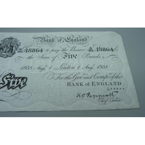 840 - A 1938 white £5 note, Peppiatt Chief Cashier, one corner missing