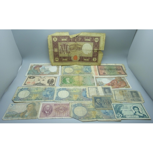 841 - A collection of foreign banknotes including a North Korea 100 Won note