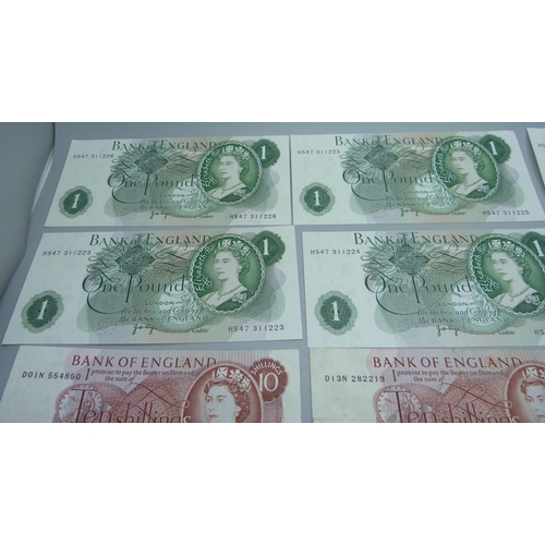 844 - Four ten shilling notes and five £1 notes