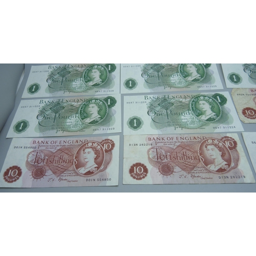 844 - Four ten shilling notes and five £1 notes