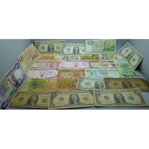 845 - A collection of fifty vintage bank notes, US dollars, South Arabian, Australia, etc.