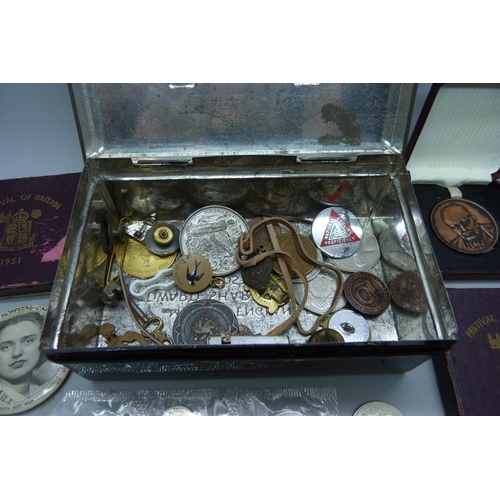 861 - An assortment of badges, commemorative medals, sovereign holder, etc.