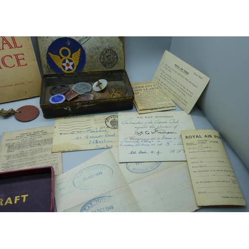 862 - A WWI wound badge, 207917, lacking pin, an 'If the Invader comes' leaflet, a RAF Service and Pay Boo... 