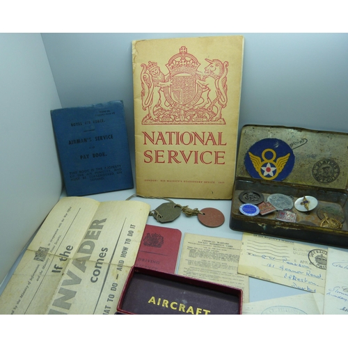 862 - A WWI wound badge, 207917, lacking pin, an 'If the Invader comes' leaflet, a RAF Service and Pay Boo... 