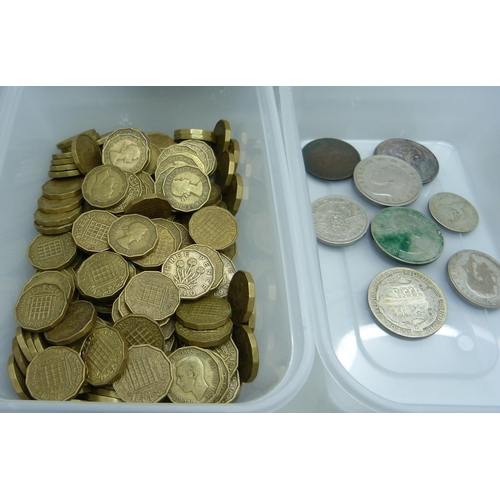 867 - Seventy four 10p coins and 183 three pence pieces, two coins with silver content- a 1900 half-crown ... 