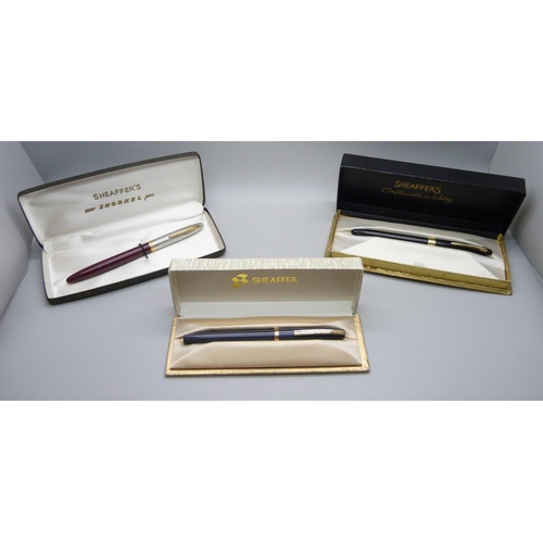 872 - Three boxed Sheaffer fountain pens, one with 14ct gold nib