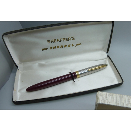 872 - Three boxed Sheaffer fountain pens, one with 14ct gold nib