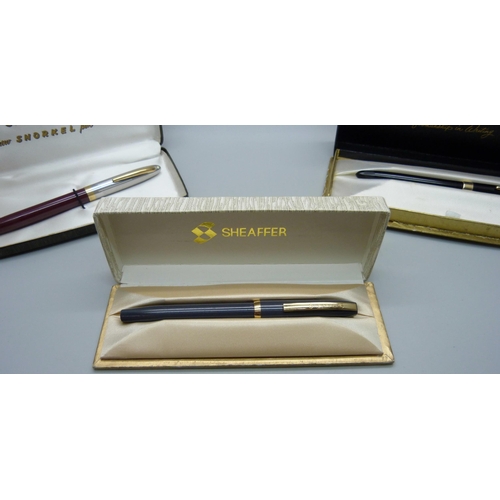 872 - Three boxed Sheaffer fountain pens, one with 14ct gold nib