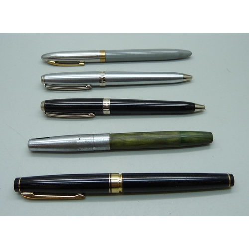 875 - Two Sheaffer ballpoint pens, fountain pen with 14k nib and stamped Mitsubishi Heavy Industries Ltd.,... 