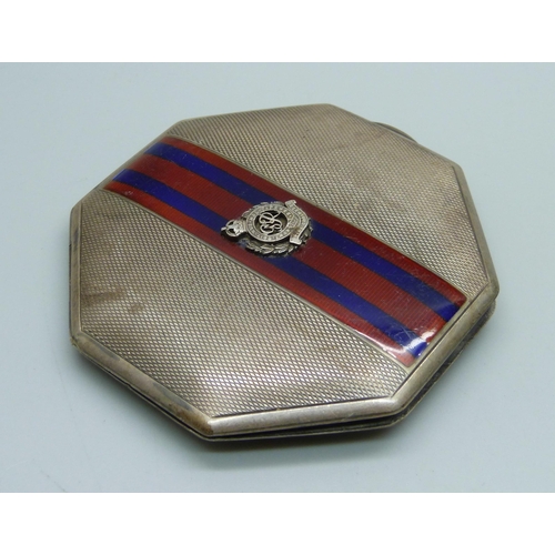 881 - A silver and enamelled compact with military emblem, Royal Engineers, by Goldsmiths & Silversmiths, ... 