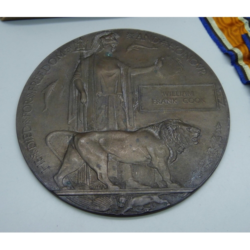 882 - A death plaque to William Frank Cook, a WWI British War Medal L/Cpl. W.F. Cook 2nd S.A.I. with match... 