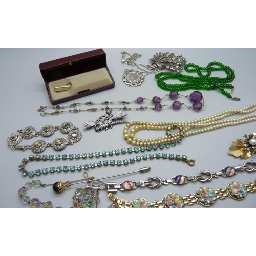 889 - Vintage glass necklaces, cupid brooch, pearls, etc.