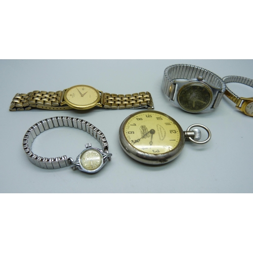 929 - Five watches; Raymond Weil, Climax, Railway pocket watch and two lady's wristwatches, Oris and Rotar... 