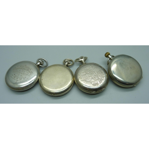 935 - Four pocket watches including Roamer lacking glass