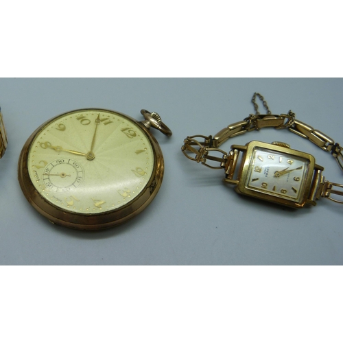 941 - A rolled gold dress pocket watch, a vintage Liga wristwatch and a lady's wristwatch