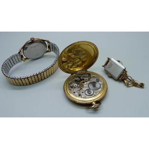 941 - A rolled gold dress pocket watch, a vintage Liga wristwatch and a lady's wristwatch