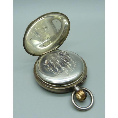 942 - A Longines 935 silver pocket watch, inner case bears inscription dated 1906, (Katoomba association, ... 