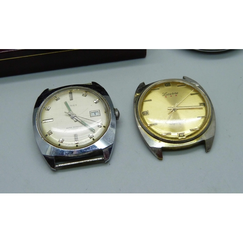 947 - A Timex pocket watch, two wristwatch heads, one lacking crown and a rolled gold wristwatch, gold pla... 