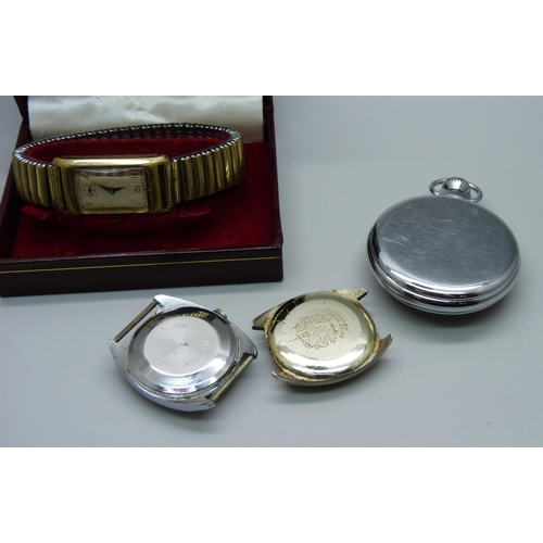 947 - A Timex pocket watch, two wristwatch heads, one lacking crown and a rolled gold wristwatch, gold pla... 