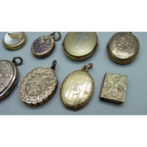 953 - Eight back gold plated lockets including Victorian, one lacking loop