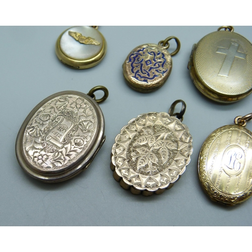 953 - Eight back gold plated lockets including Victorian, one lacking loop