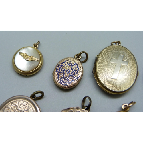 953 - Eight back gold plated lockets including Victorian, one lacking loop