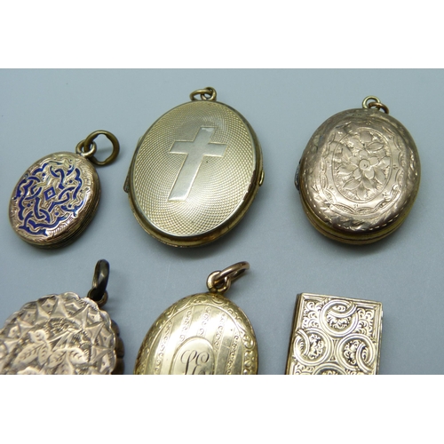 953 - Eight back gold plated lockets including Victorian, one lacking loop