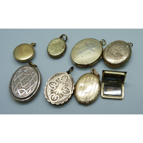 953 - Eight back gold plated lockets including Victorian, one lacking loop