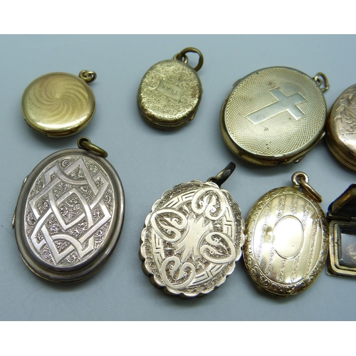 953 - Eight back gold plated lockets including Victorian, one lacking loop