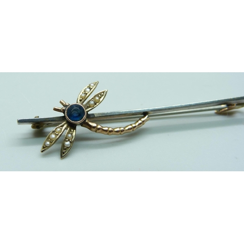 956 - A 9ct gold, seed pearl and blue stone dragonfly brooch, 2.9g, (metal pin)