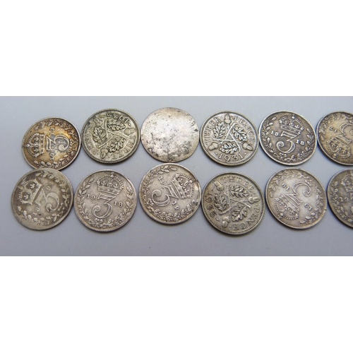 978 - A collection of silver 3d coins, 27.3g