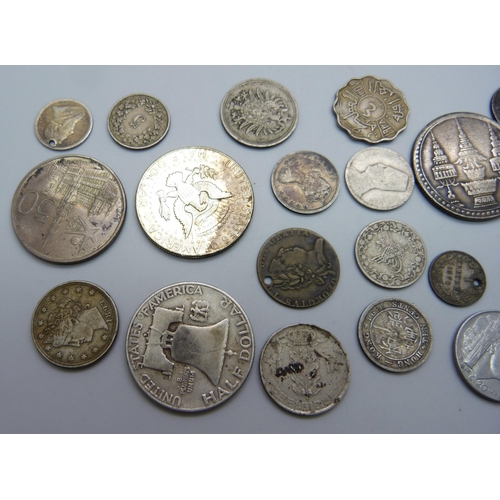 980 - Coins; a George II silver coin, drilled, a USA 1893 silver nickel, other US coins, etc.