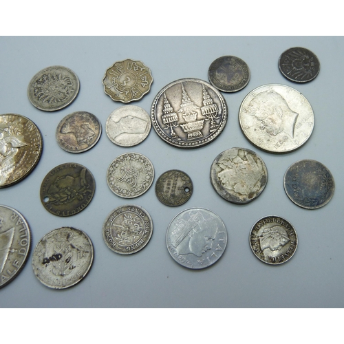 980 - Coins; a George II silver coin, drilled, a USA 1893 silver nickel, other US coins, etc.