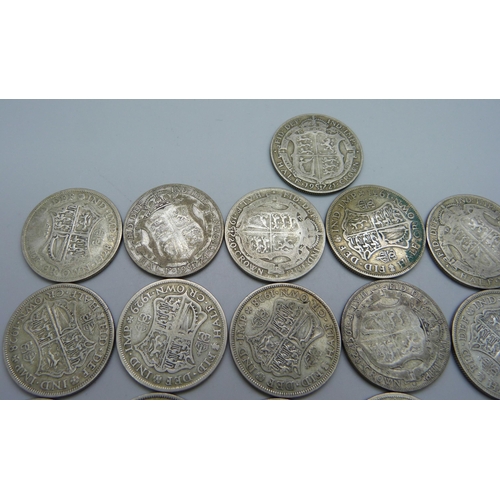 981 - Twenty-five, 1920-1947 silver half-crowns, 344.2g