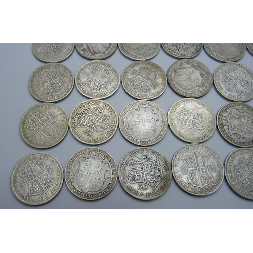 981 - Twenty-five, 1920-1947 silver half-crowns, 344.2g