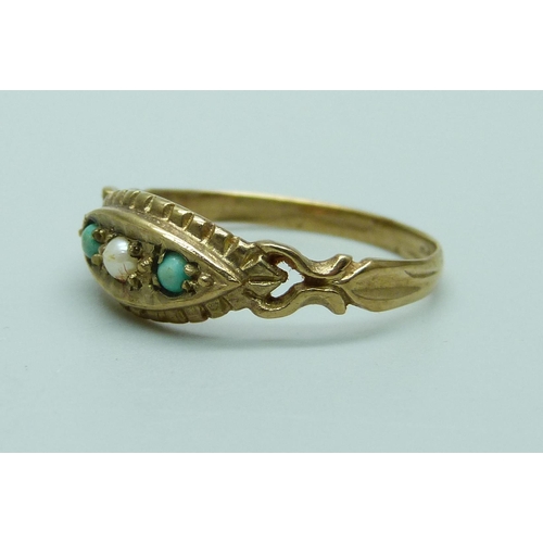 986 - An early 20th century turquoise and seed pearl set ring, hallmark worn, 1.5g, P