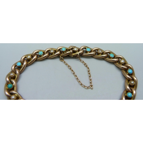 991 - A 9ct gold, seed pearl and turquoise set bracelet, 15g, 17cm