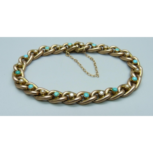 991 - A 9ct gold, seed pearl and turquoise set bracelet, 15g, 17cm