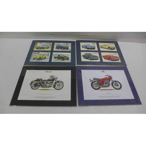 2067 - 21 framed prints, MDST motorcycle - some cars and others