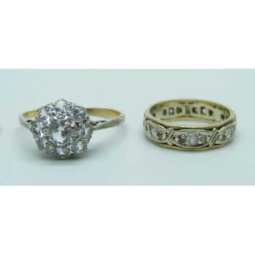 997 - Two 9ct gold rings and a 9ct gold and silver cluster ring, total weight 6.1g, H, K and T