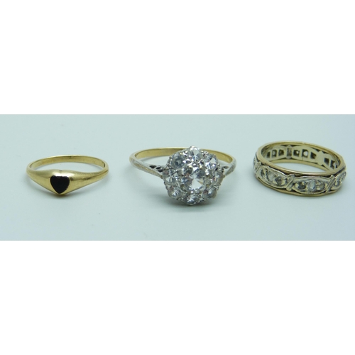 997 - Two 9ct gold rings and a 9ct gold and silver cluster ring, total weight 6.1g, H, K and T