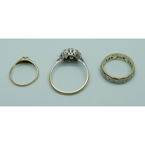 997 - Two 9ct gold rings and a 9ct gold and silver cluster ring, total weight 6.1g, H, K and T