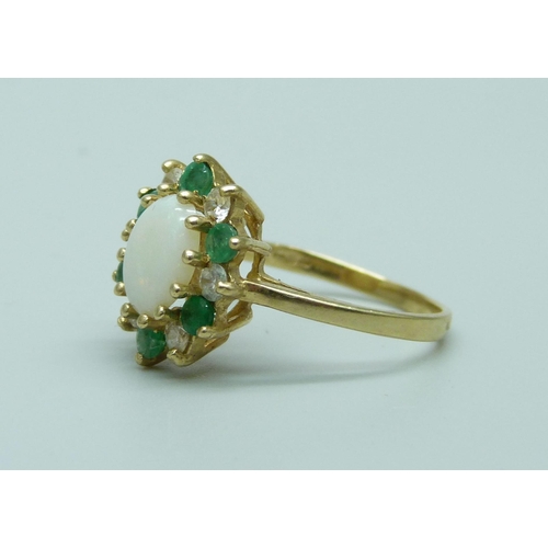 998 - A 9ct gold, emerald, opal and white stone ring, 2.4g, M