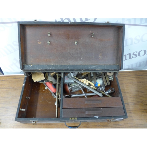 2320 - A carpenters tool box of hand tools with wood cue case and wooden trinket box