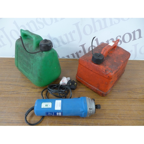 2324 - Two plastic fuel cans and a Clarke CR1 230v 710w router