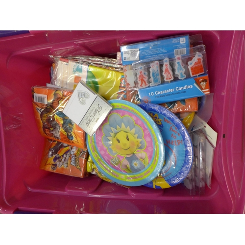 2330 - A box of children's party items including candles, badges, paper plates, napkins, table cloths in va... 